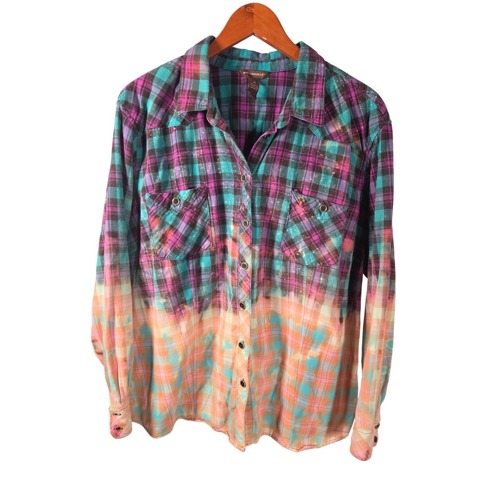 Bit & Bridle Grunge Boho Western Plaid Flannel‎ Shirt 2X Purple Teal Peach